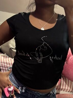 Baby Phat Black Rhinestone Cat Scoop Crop Top